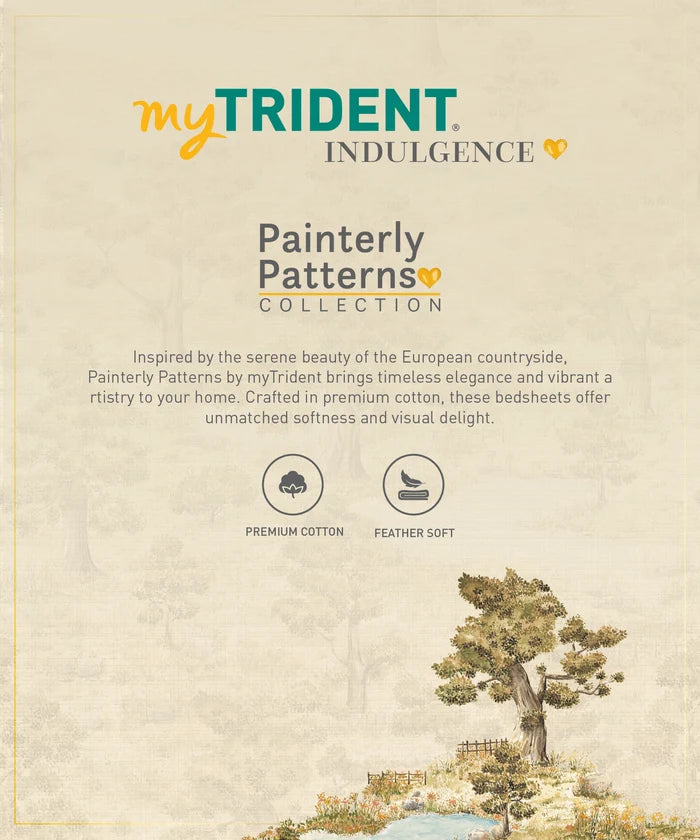 Indulgence Painterly Pattern King Bedsheet Set, Whispering Forest|300 TC Cotton| 4 Pillow Covers