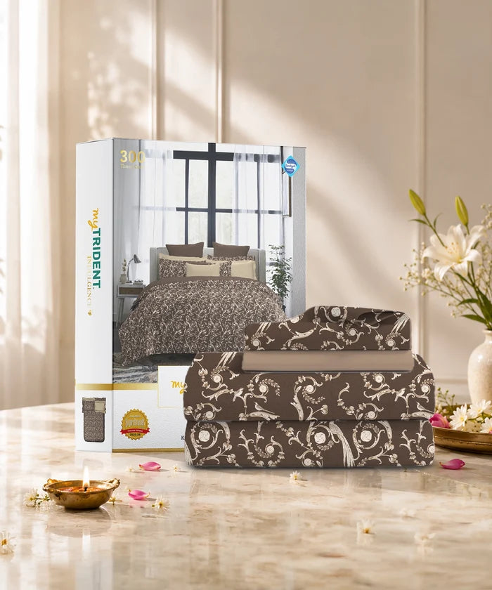 Indulgence Printed King Bedsheet Set, Curves& Crown| 300TC Cotton| 4 Pillow Covers