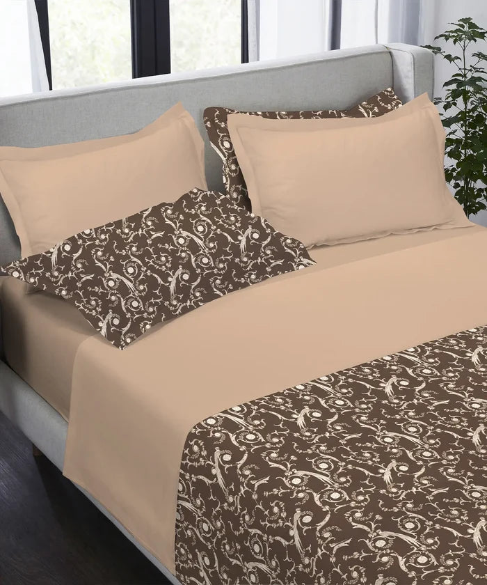 Indulgence Printed King Bedsheet Set, Curves& Crown| 300TC Cotton| 4 Pillow Covers