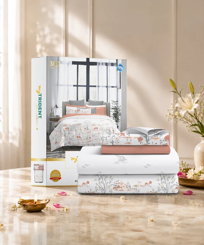 Indulgence Printed King Bedsheet Set, Forest Muse| 300TC Cotton| 4 Pillow Covers