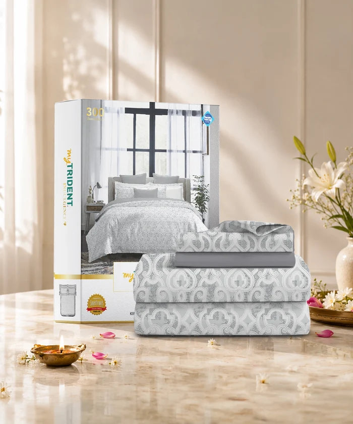 Indulgence Printed King Bedsheet Set, Imprial Knot| 300TC Cotton| 4 Pillow Covers