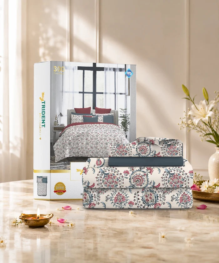 Indulgence Printed King Bedsheet Set, Orbella| 300TC, Cotton| 4 Pillow Covers