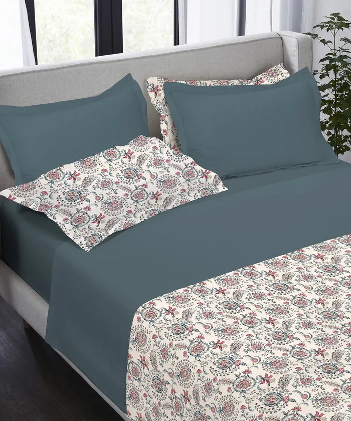 Indulgence Printed King Bedsheet Set, Orbella| 300TC, Cotton| 4 Pillow Covers
