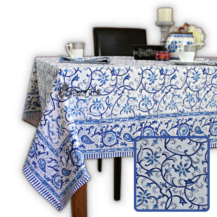 Stella Floral Block Print Cotton Tablecloth Collection, Blue Opal - Sweet Us