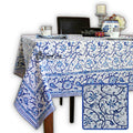 Stella Floral Block Print Cotton Tablecloth Collection, Blue Opal - Sweet Us