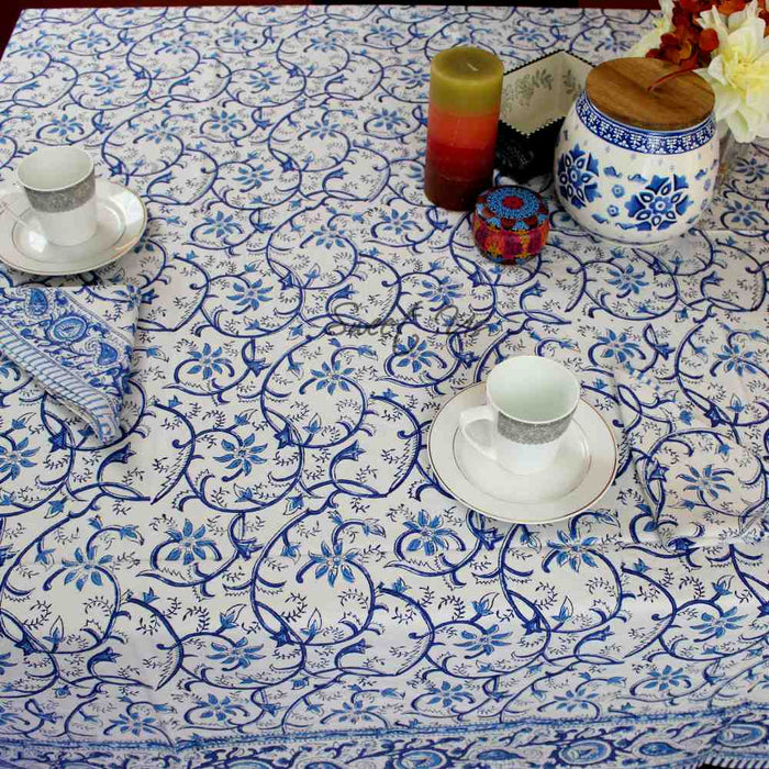 Stella Floral Block Print Cotton Tablecloth Collection, Blue Opal - Sweet Us