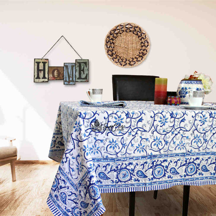 Stella Floral Block Print Cotton Tablecloth Collection, Blue Opal - Sweet Us