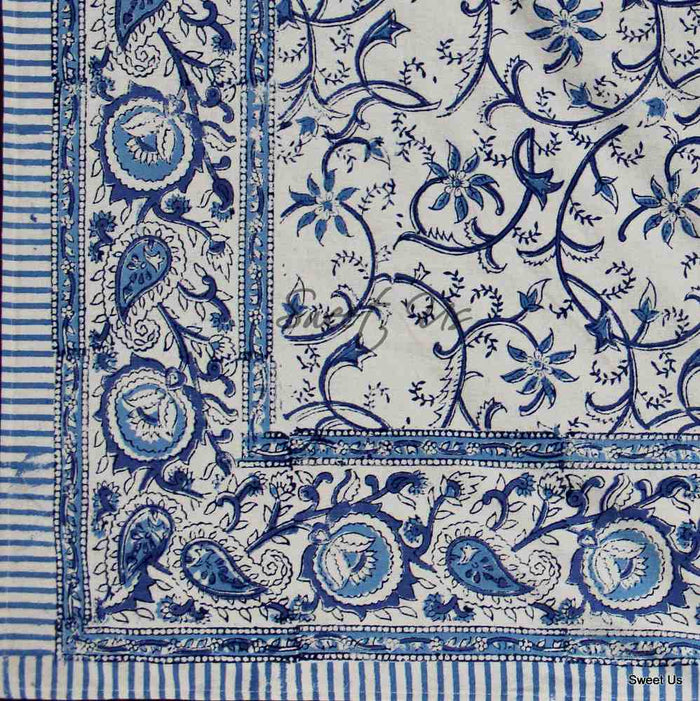 Stella Floral Block Print Cotton Tablecloth Collection, Blue Opal - Sweet Us