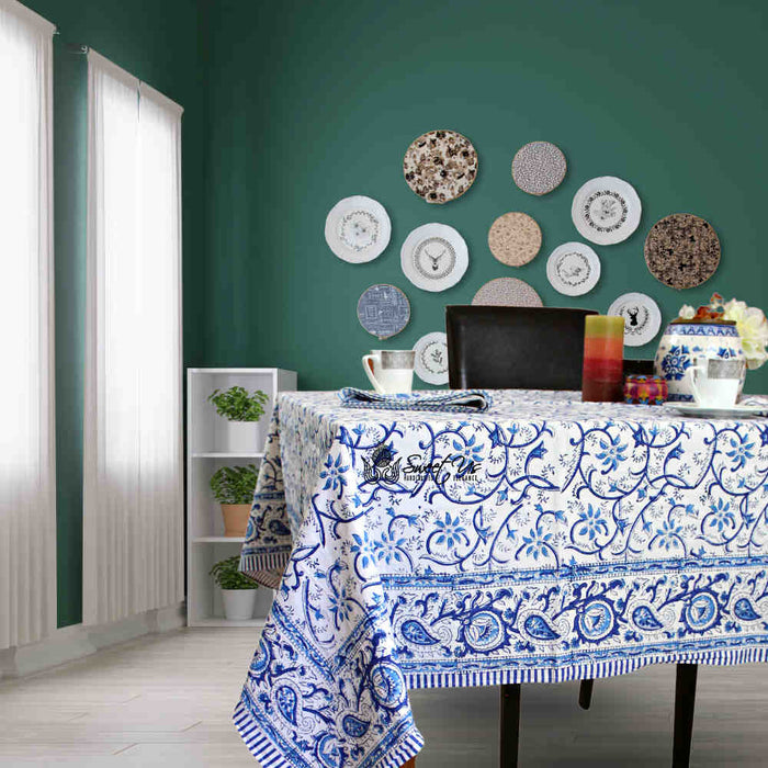 Stella Floral Block Print Cotton Tablecloth Collection, Blue Opal - Sweet Us