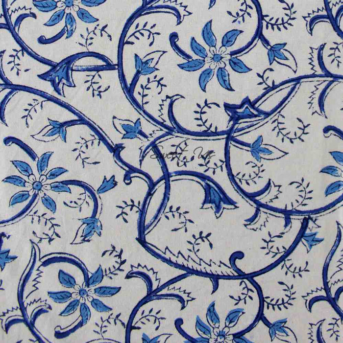 Stella Floral Block Print Cotton Tablecloth Collection, Blue Opal - Sweet Us