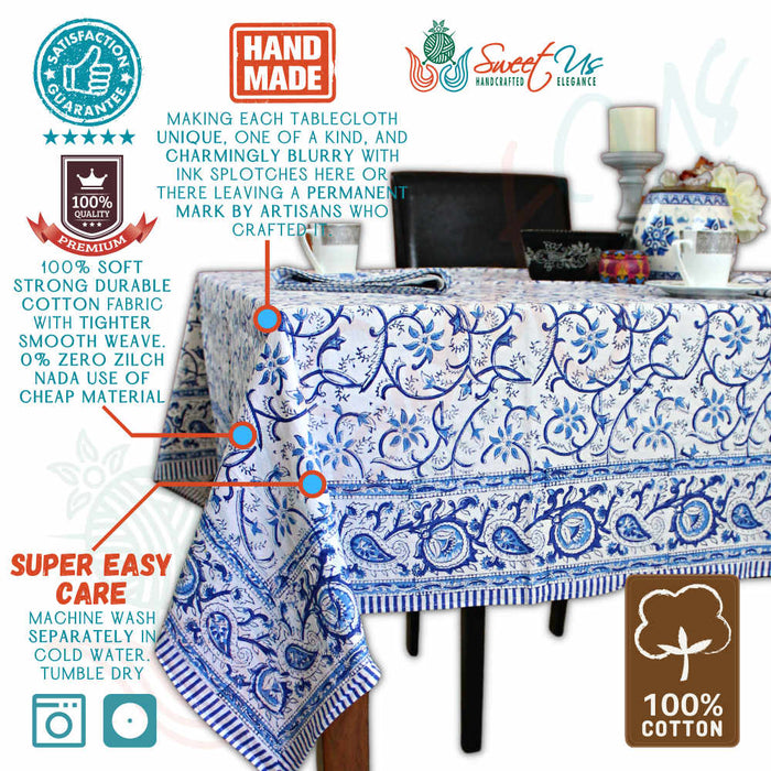 Stella Floral Block Print Cotton Tablecloth Collection, Blue Opal - Sweet Us