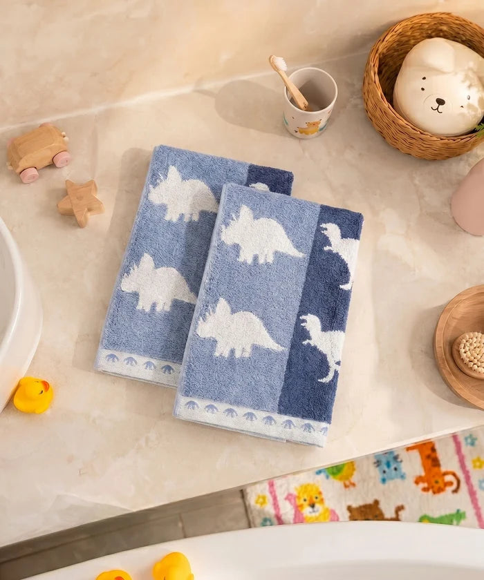 Juniors 2 Pc Hand Towel Set, Dino| 550 GSM | 100% Premium Cotton