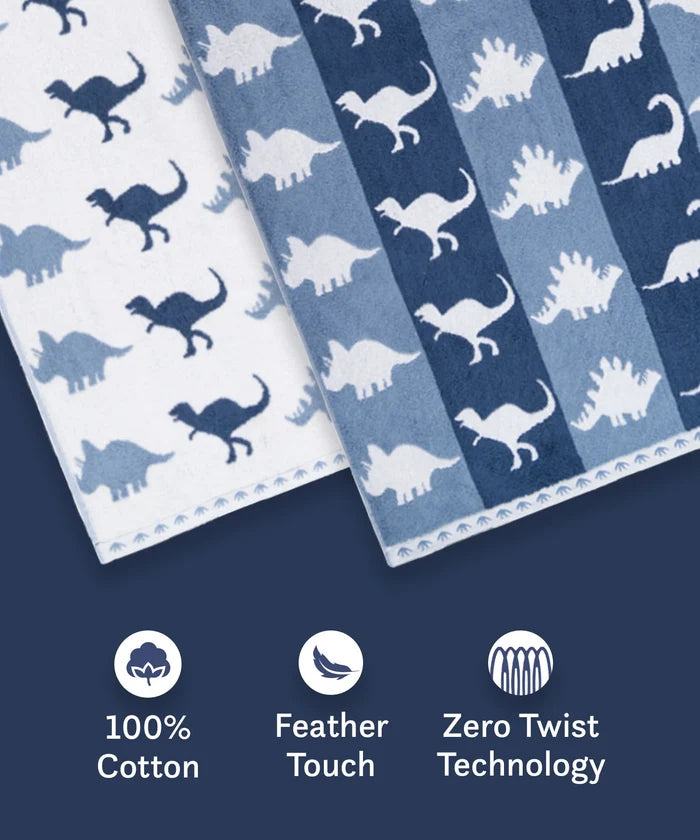 Juniors 2 Pc Hand Towel Set, Dino| 550 GSM | 100% Premium Cotton