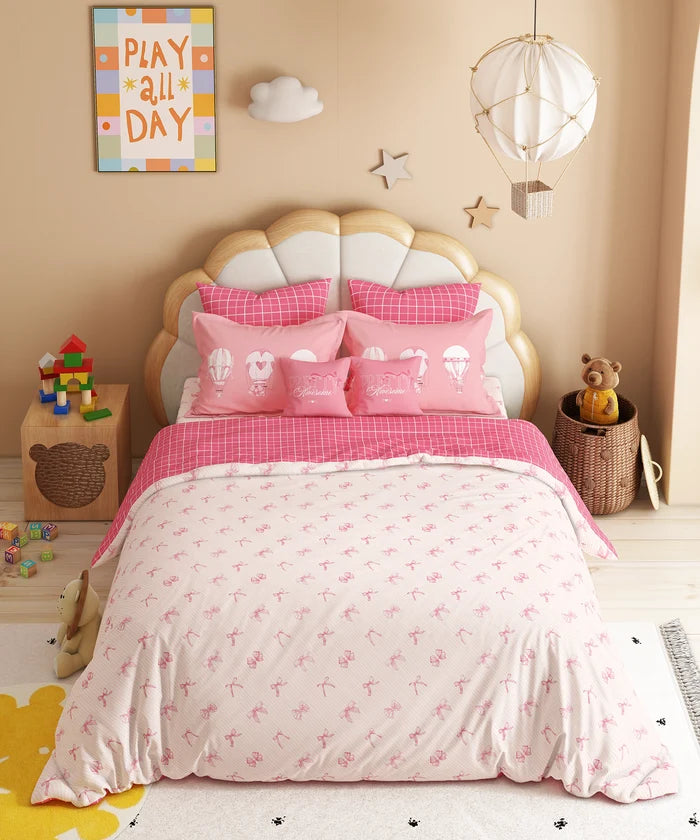 Juniors Double Bedsheet Set, Cue Coquette| 144TC Cotton|2 Pillow Covers & 2 Cushion Covers