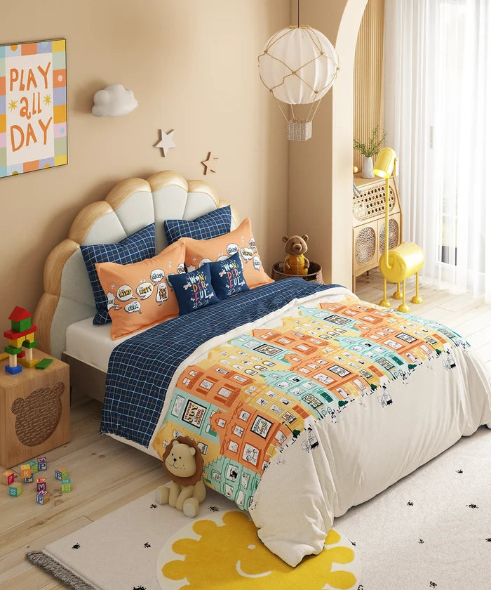 Juniors Double Bedsheet Set, Day Doodle| 144TC Cotton|2 Pillow Covers & 2 Cushion Covers