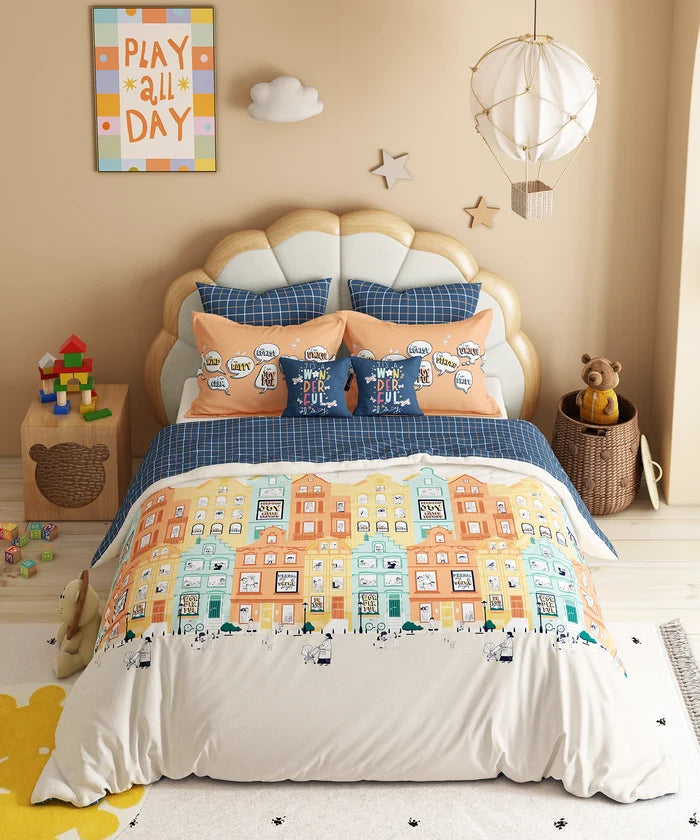 Juniors Double Bedsheet Set, Day Doodle| 144TC Cotton|2 Pillow Covers & 2 Cushion Covers