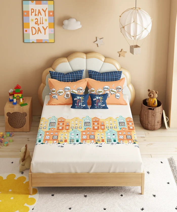 Juniors Double Bedsheet Set, Day Doodle| 144TC Cotton|2 Pillow Covers & 2 Cushion Covers