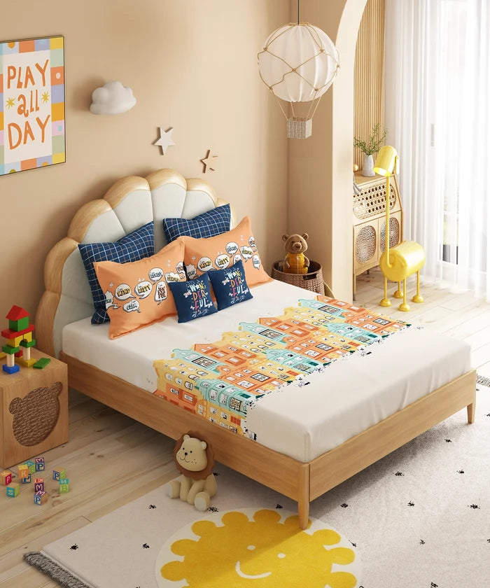 Juniors Double Bedsheet Set, Day Doodle| 144TC Cotton|2 Pillow Covers & 2 Cushion Covers