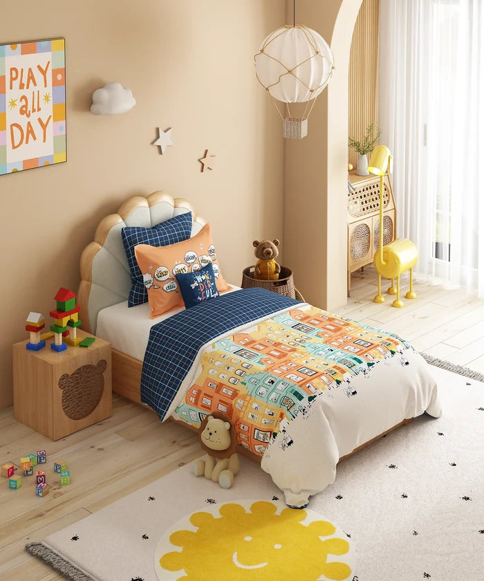 Juniors Single Bedsheet Set, Day Doodle| 144TC Cotton| 1 Pillow Cover