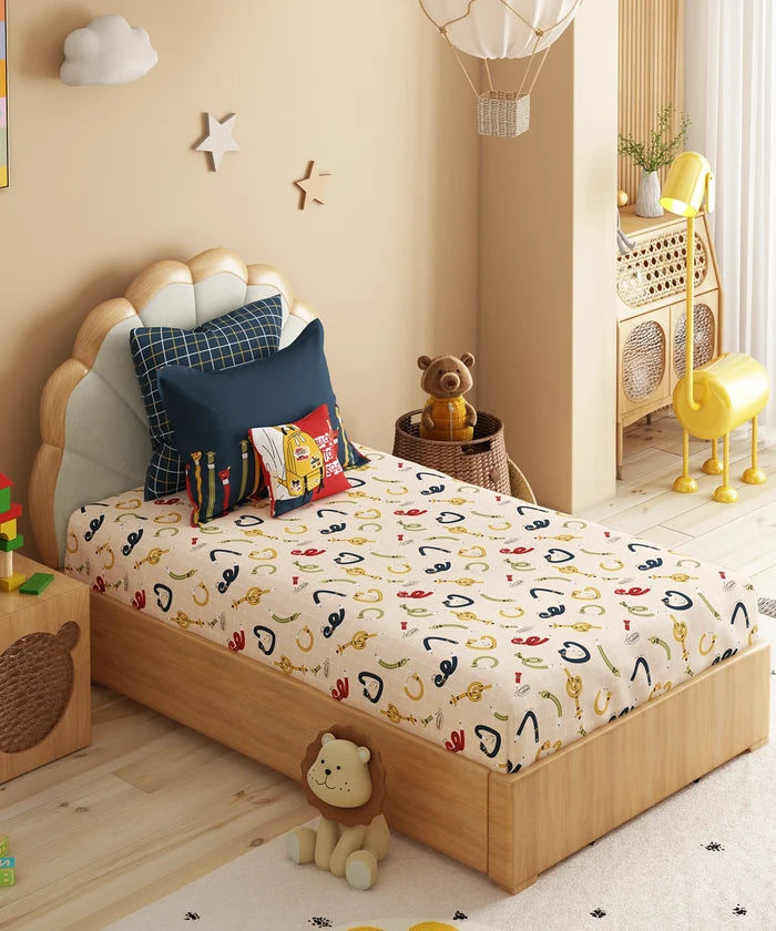 Juniors Single Bedsheet Set, Scribble Spot| 144TC Cotton|  1 Pillow Cover
