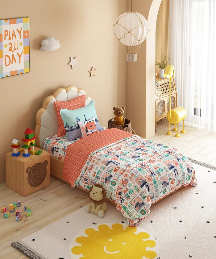 Juniors Single Bedsheet Set, Wander ways| 144TC Cotton| 1 Pillow Cover