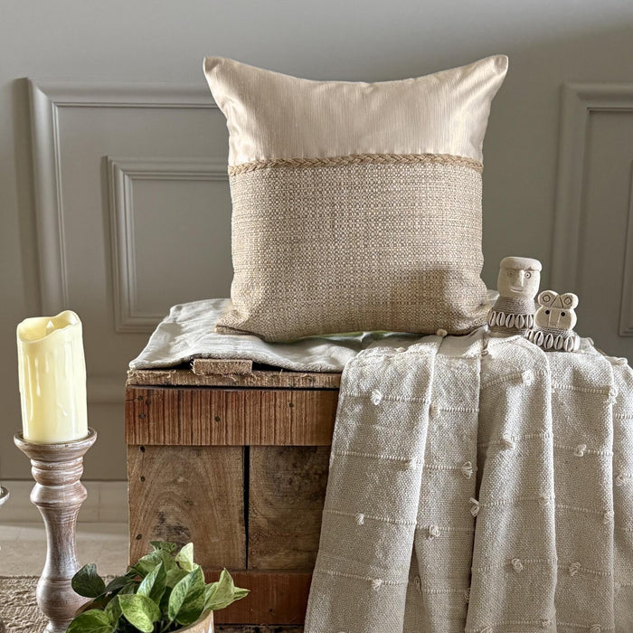 Jute Ivory Satini - Ivory & Beige Jute & Satin Throw / Lumbar Pillow Cover