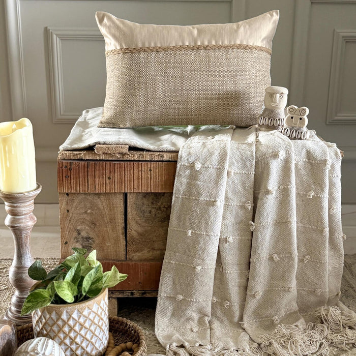 Jute Ivory Satini - Ivory & Beige Jute & Satin Throw / Lumbar Pillow Cover