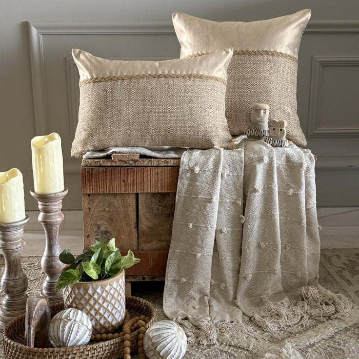 Jute Ivory Satini - Ivory & Beige Jute & Satin Throw / Lumbar Pillow Cover