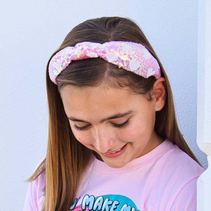 Kids Knot Headband - Pink Sequin Heart