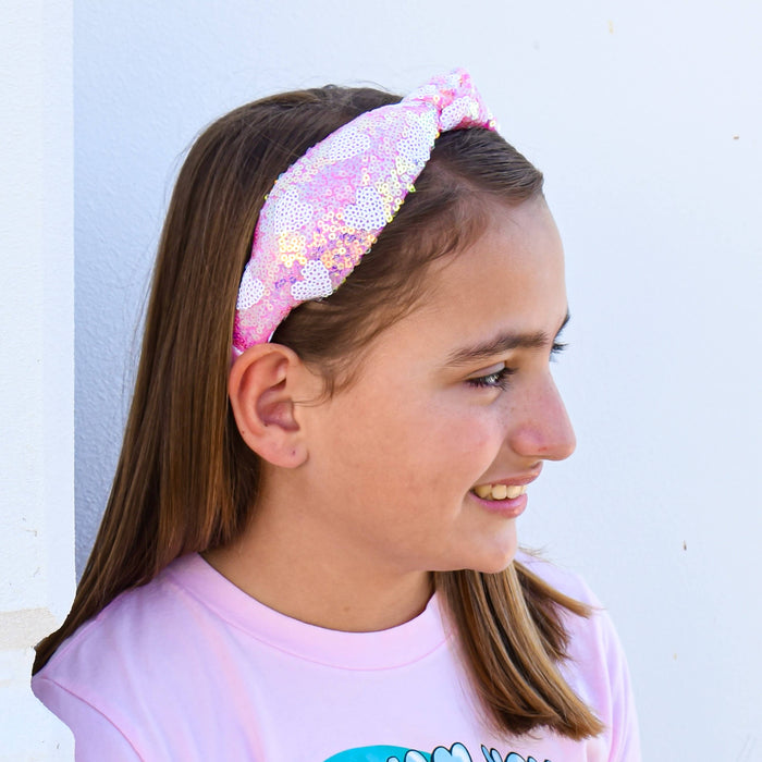 Kids Knot Headband - Pink Sequin Heart