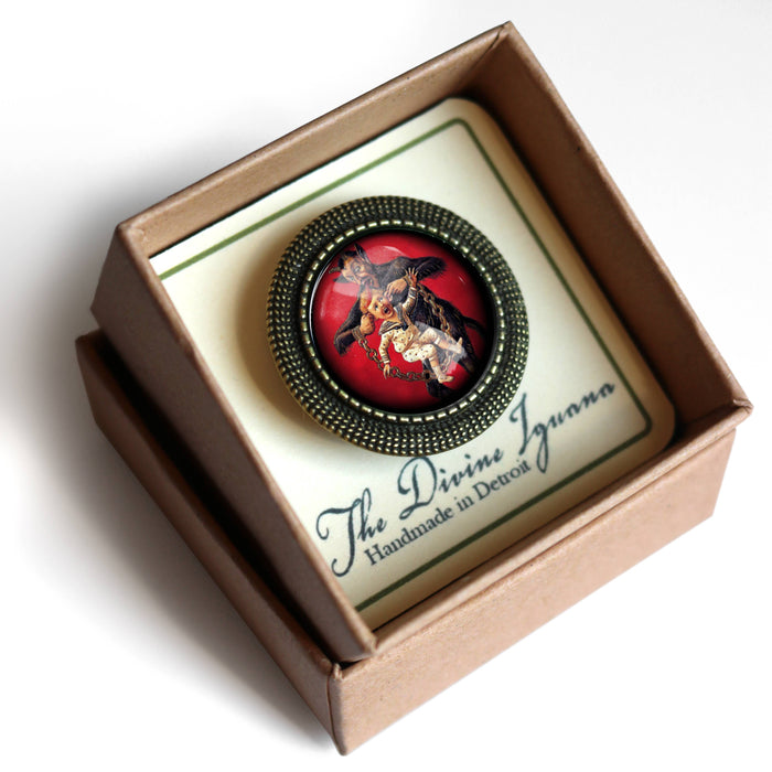 Krampus with Naughty Child Brooch, Handmade in Detroit