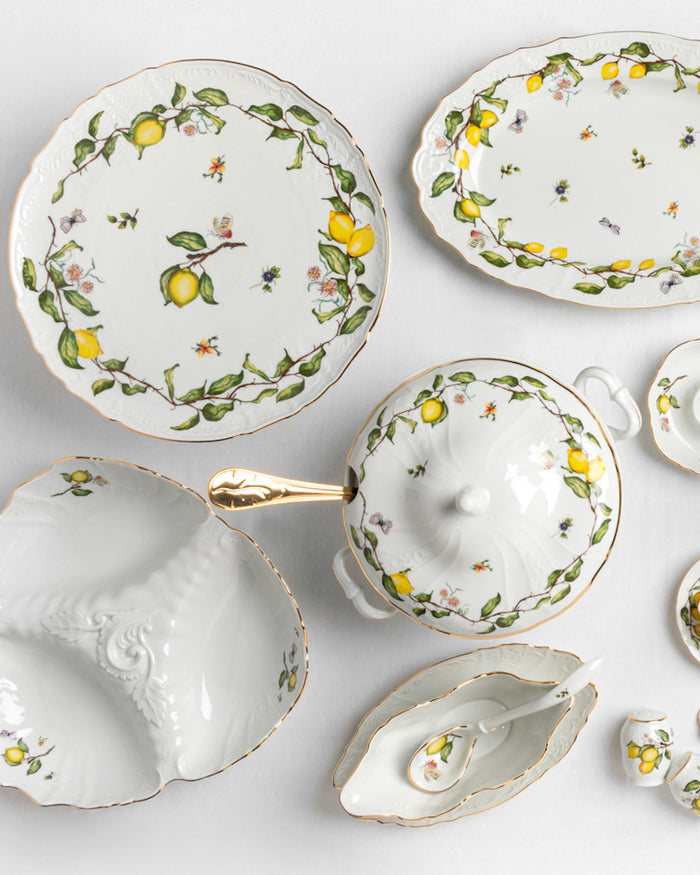 Limoeiro Porcelain Triple Section Server with Gold Accents by Tania Bulhões