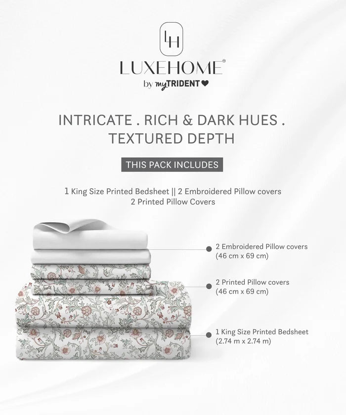 Luxe Home King Bedsheet, Ginni|300 TC Cotton Bamboo|4 Pillow Covers