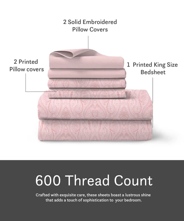 Luxe Home King Bedsheet, Majesty|600 TC Cotton|4 Pillow Covers