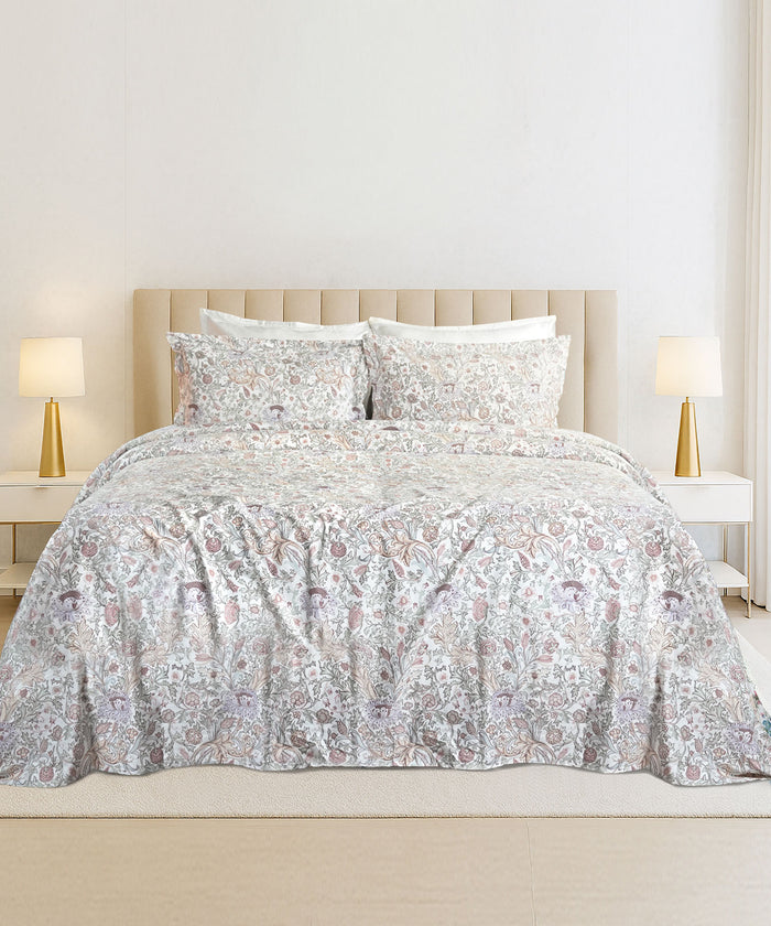 Luxe Home King Bedsheet, Morris Garden|300 TC Cotton Bamboo|4 Pillow Covers