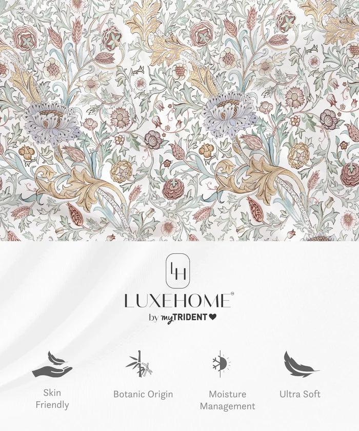 Luxe Home King Bedsheet, Morris Garden|300 TC Cotton Bamboo|4 Pillow Covers