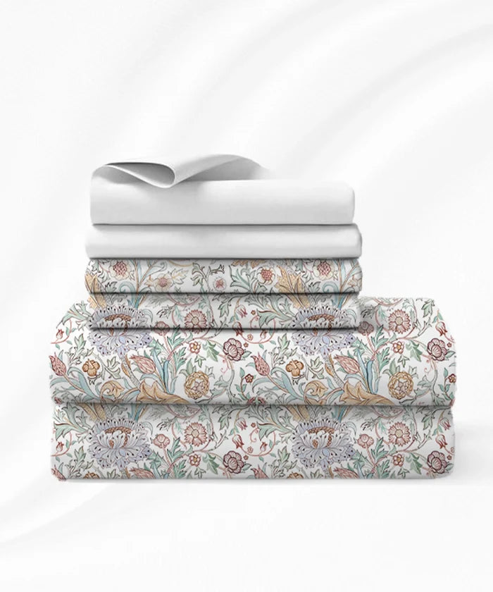 Luxe Home King Bedsheet, Morris Garden|300 TC Cotton Bamboo|4 Pillow Covers