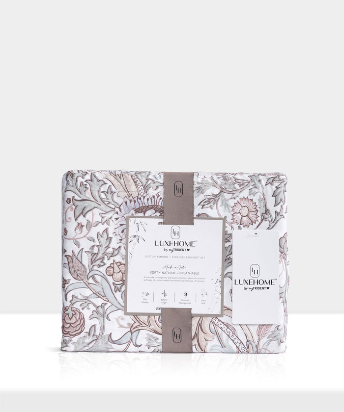 Luxe Home King Bedsheet, Morris Garden|300 TC Cotton Bamboo|4 Pillow Covers