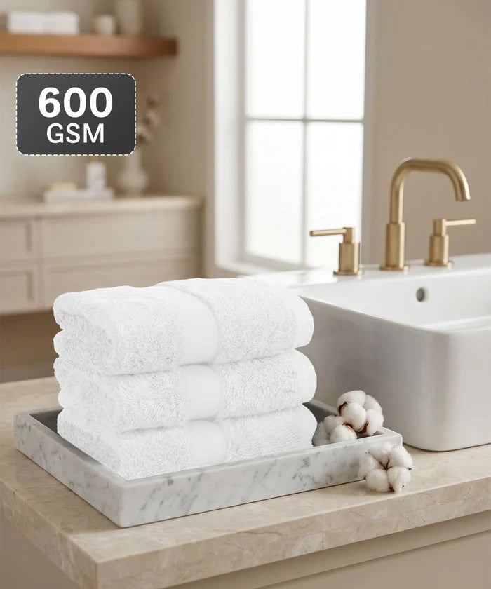 Luxe Home Supima Cotton 3 Pc Face Towel Set, White| 600 GSM | 100% Supima Cotton