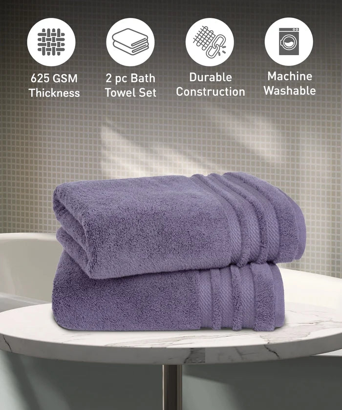 Luxury 2 PC Bath Towel Set, Purple|625 GSM Cotton|Anti Microbial