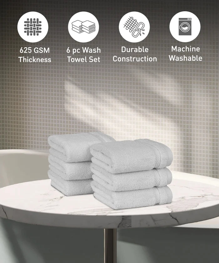 Luxury 6 PC Face Towel Set, Grey|625 GSM Cotton|Anti Microbial
