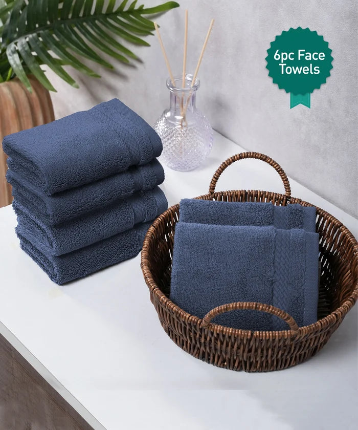 Luxury 6 PC Face Towel Set, Navy|625 GSM Cotton|Anti Microbial