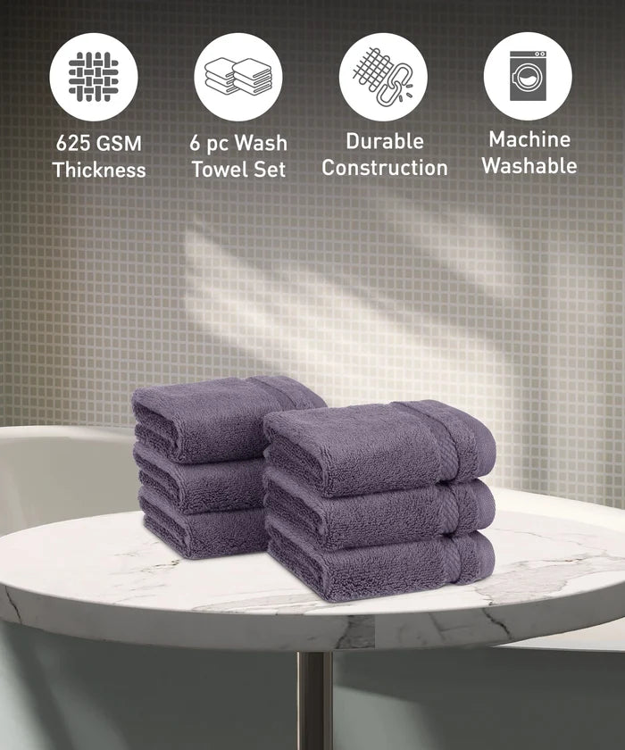 Luxury 6 PC Face Towel Set, Purple|625 GSM Cotton|Anti Microbial