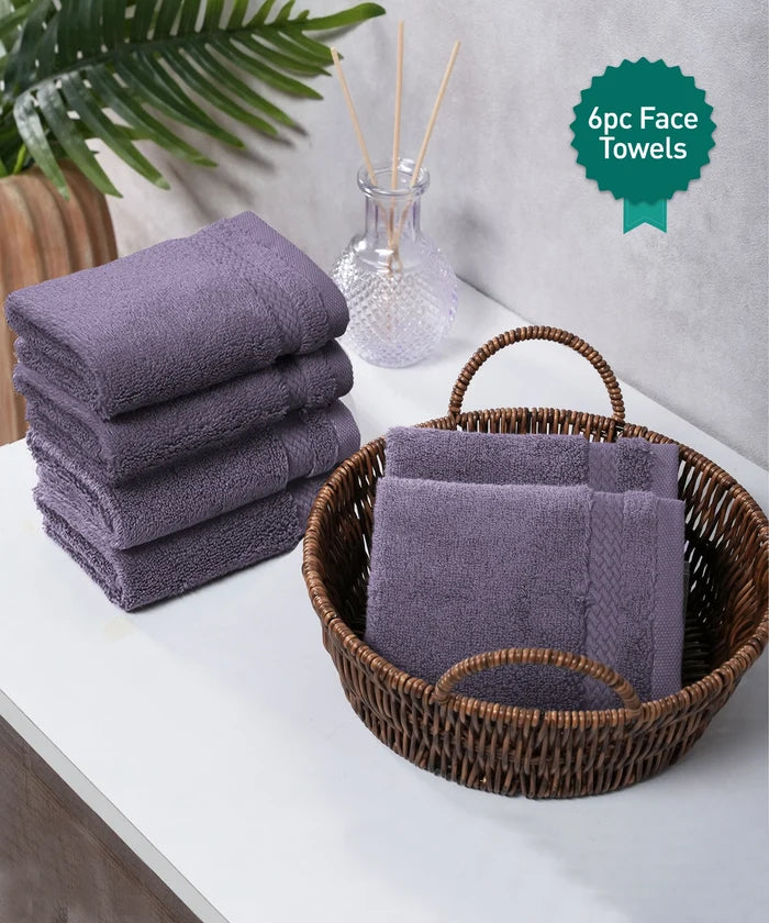 Luxury 6 Pc Face Towel Set, Purple|625 GSM Premium Cotton| Antimicrobial