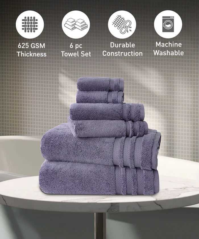 Luxury 6 PC Towel Set, Purple|625 GSM Cotton|Anti Microbial
