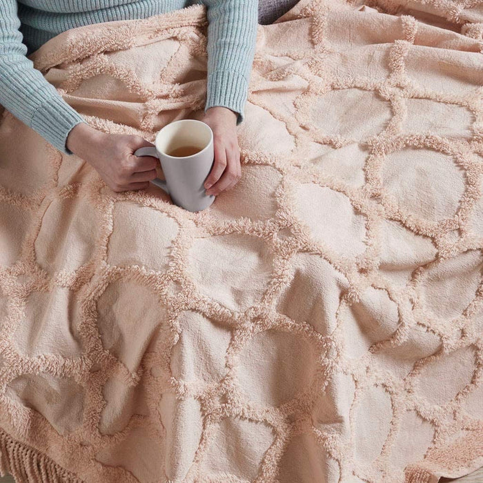 Madison Park Brianne Cotton Tufted Throw With Fringe Trim, Blush