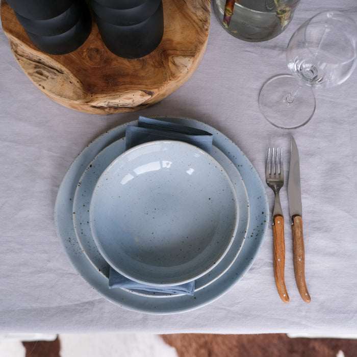 Three piece dinnerware set, dinner plate, lunch plate and soup bowl handmade by Palinopsia Ceramics