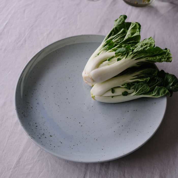 Angle side view of a large round platter in blue and grey speckle handmade stoneware by Palinopsia garnished with fresh vegetables