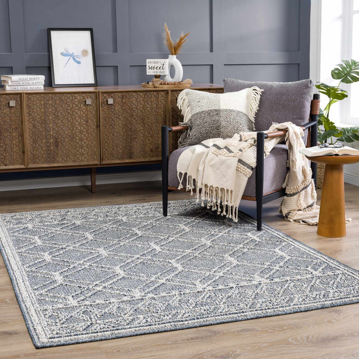 Modern Geometrical Carved Texture Blue and Ivory Outdoor Safe Area Rug - The Rug Decor