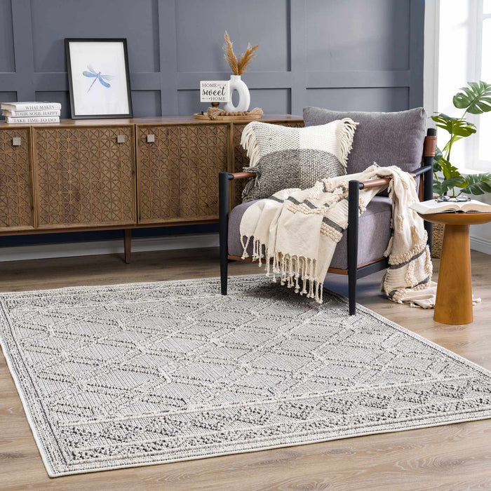 Modern Geometrical Texture Silver and Charcoal Outdoor Safe Area Rug - The Rug Decor